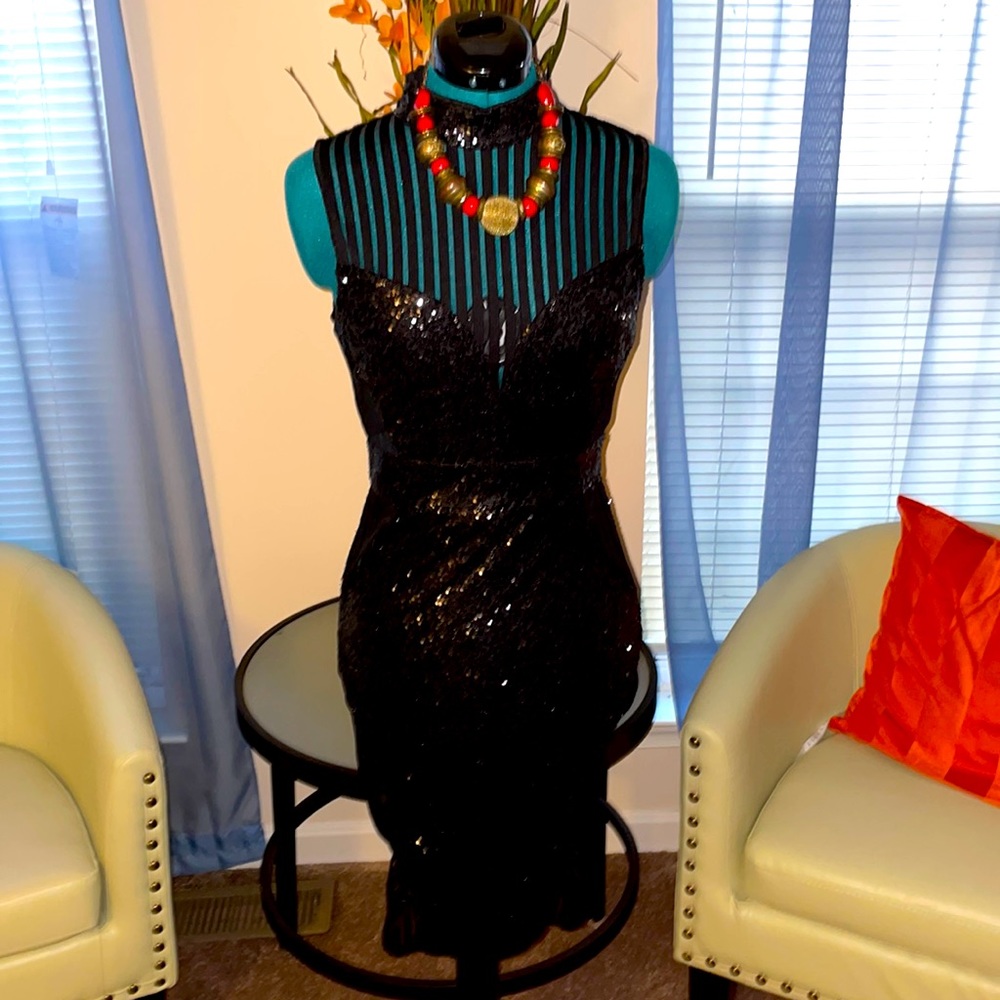 Fashion Nova | Sleeveless Black Sequin Dress with Mesh Panel Inserts